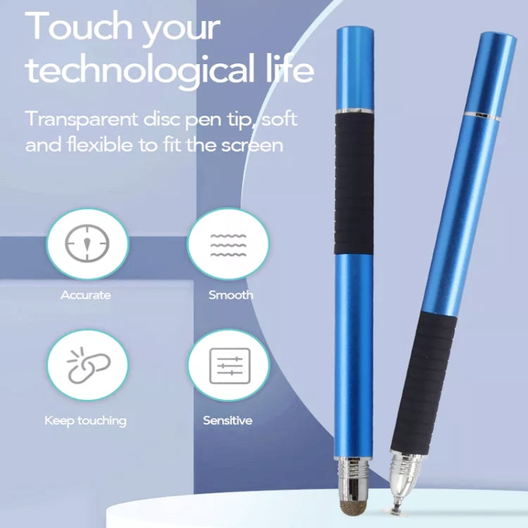 Blue capacitive stylus pen pair with clear disc tips and ribbed black grip