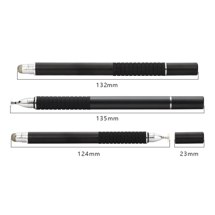 Black stylus pen size chart showing lengths 132mm, 135mm, 124mm, and tip 23mm