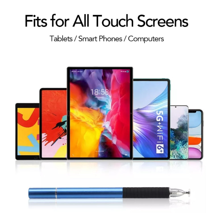 Blue capacitive stylus pen with clear disc tip shown with touch-screen devices