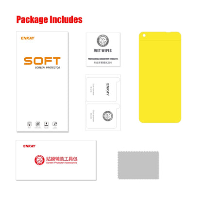 Screen protector kit packaging with ENKAY box, wet wipes, yellow film, and cloth