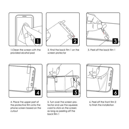 Hydrogel screen protector film installation steps for a smartphone, showing fitting process