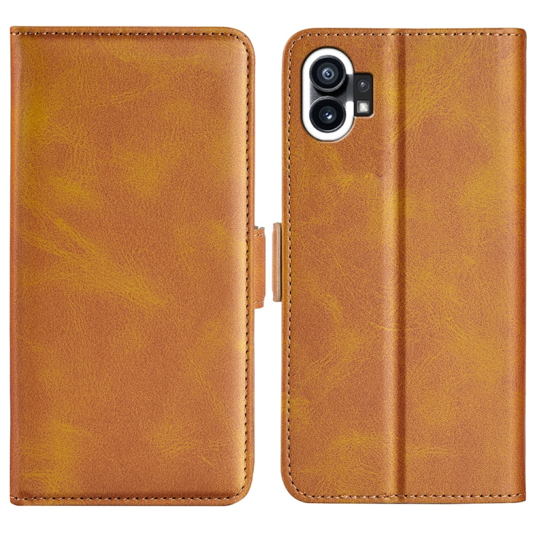 Dual-side leather magnetic phone case, brown with camera cutout and stitched edges