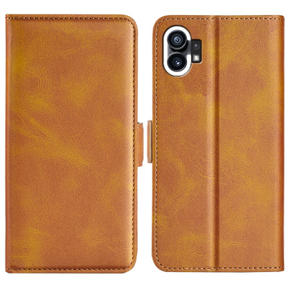 Dual-side leather magnetic phone case, brown with camera cutout and stitched edges