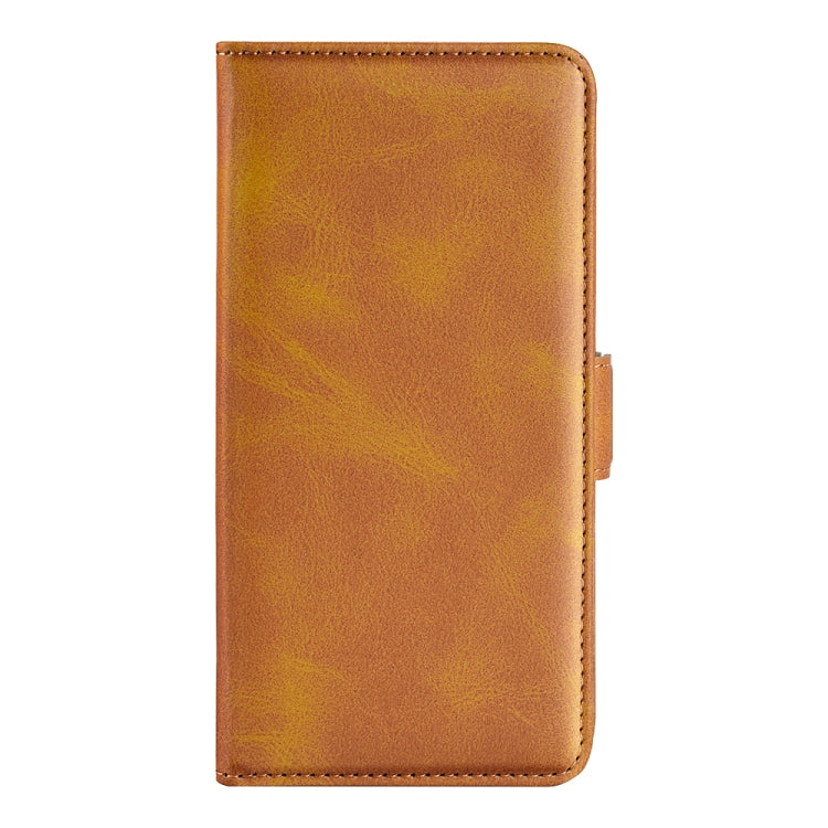 Leather magnetic phone case, brown with stitched border and side magnetic tab
