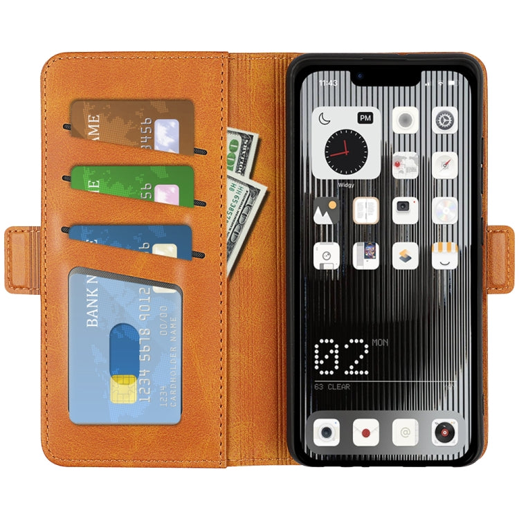 Leather magnetic folio phone case with card slots, tan/brown with cutout for camera