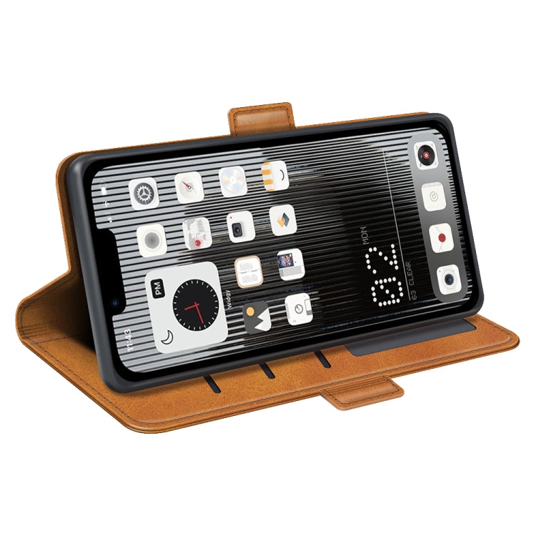 Leather magnetic phone case with flip stand, tan/brown, camera cutout visible
