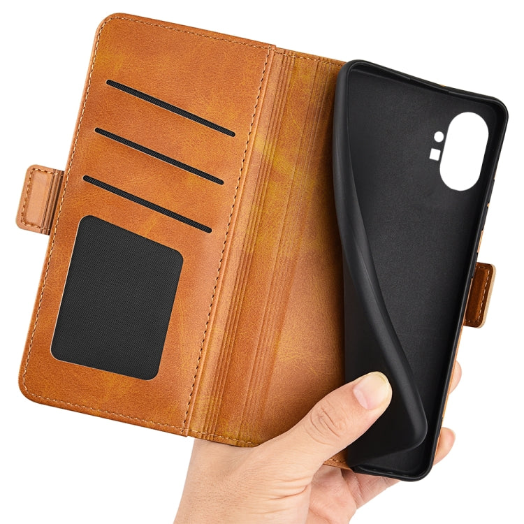 Leather magnetic wallet phone case interior with card slot, tan/brown; hand holding phone