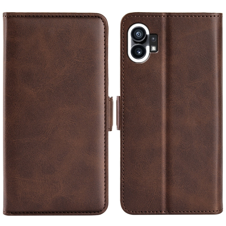Dual-side leather magnetic phone case, dark brown with camera cutout and stitching