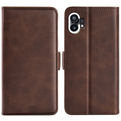 Dual-side leather magnetic phone case, dark brown with camera cutout and stitching