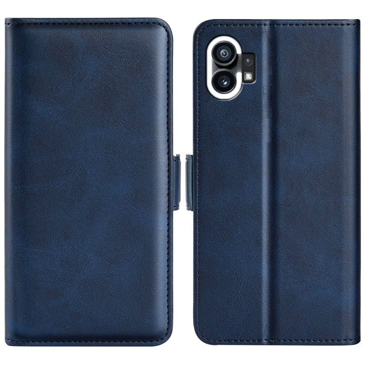 Dual-side leather magnetic phone case, dark blue with camera cutout and stitched seams