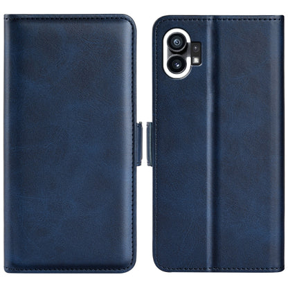 Dual-side leather magnetic phone case, dark blue with camera cutout and stitched seams