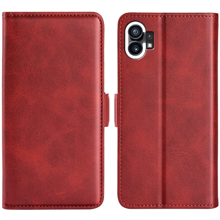 Dual-side leather magnetic phone case, red with camera cutout and red stitched trim