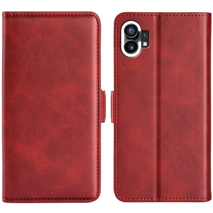 Dual-side leather magnetic phone case, red with camera cutout and red stitched trim