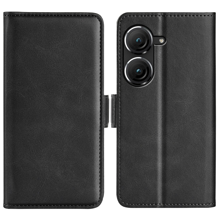 Black leather flip phone case with magnetic buckle and dual-side cover cutouts