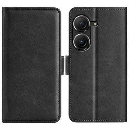 Black leather flip phone case with magnetic buckle and dual-side cover cutouts