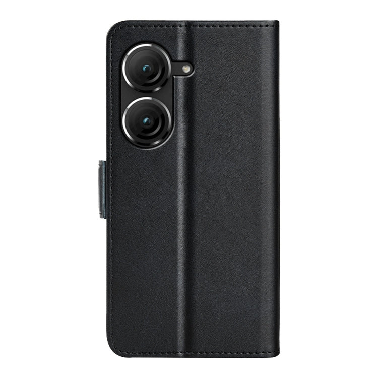 Black leather flip phone case back with dual camera cutouts and side buckle