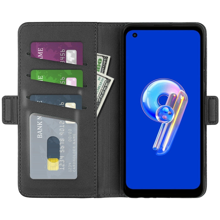 Black leather wallet-style flip phone case with card slots and magnetic strap