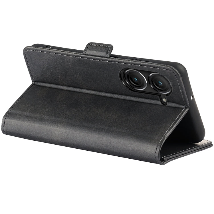 Black leather flip phone case standing open, showing dual camera cutout