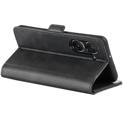 Black leather flip phone case standing open, showing dual camera cutout