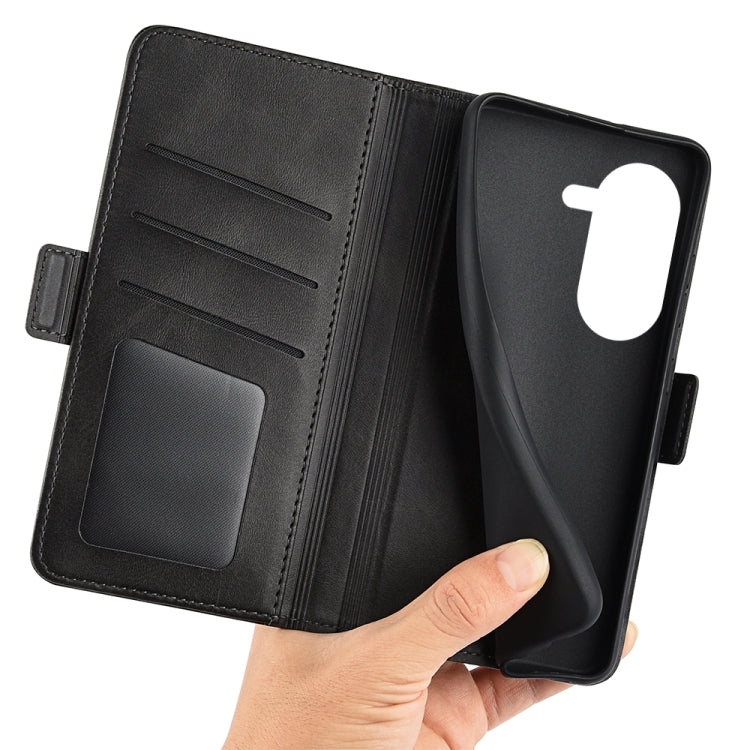 Black leather flip phone case interior with card slots, held in a hand