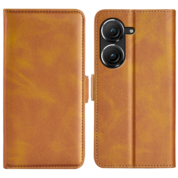 Tan leather flip phone case with magnetic buckle and dual camera cutouts
