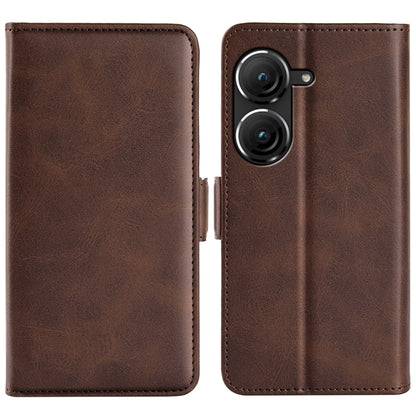 Brown leather flip phone case with magnetic buckle and dual camera cutouts