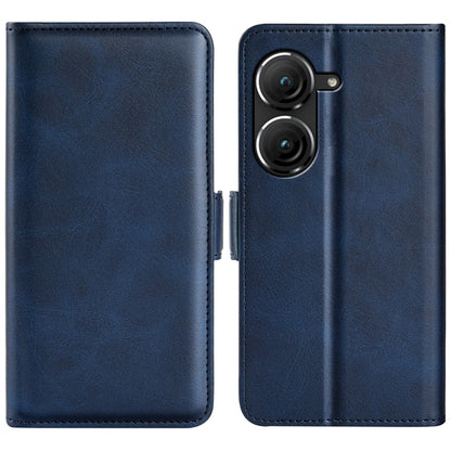Dark blue leather flip phone case with magnetic buckle and dual camera cutouts