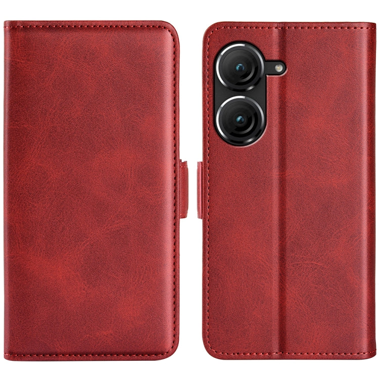 Red leather flip phone case with magnetic buckle and dual camera cutouts