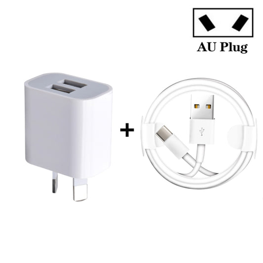 White AU dual-port USB charger with USB to Type-C data cable bundle