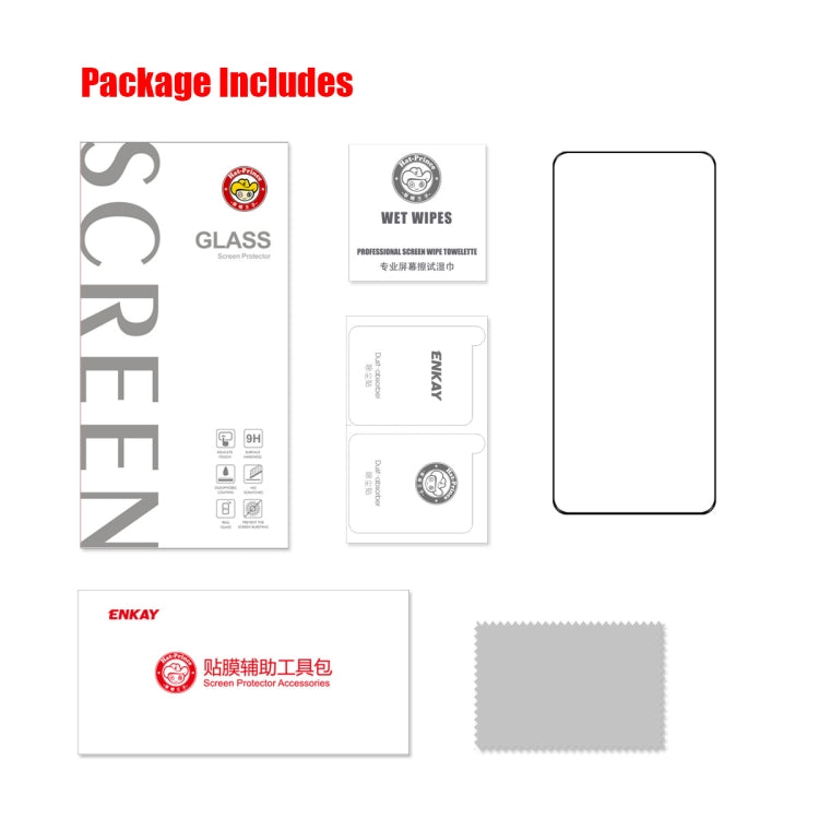 Screen protector package contents with tempered glass, wet wipes, and cleaning cloth