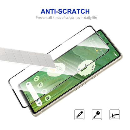 Full glue tempered glass screen protector for Google Pixel 7 shown on phone at an angle