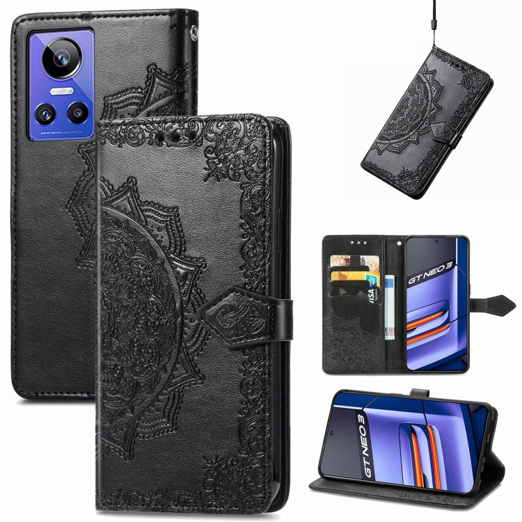 Black embossed leather folio phone case with mandala design, card slots, and viewing stand
