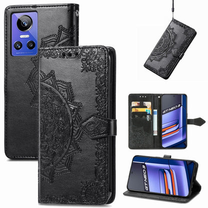Black embossed leather folio phone case with mandala design, card slots, and viewing stand