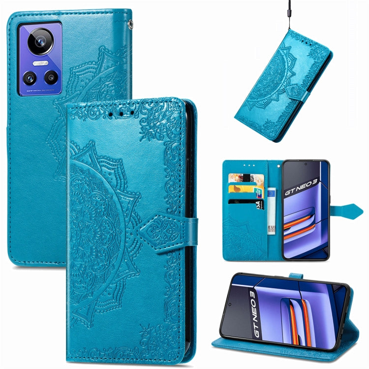 Blue embossed mandala flower leather phone case with flip cover and card holder