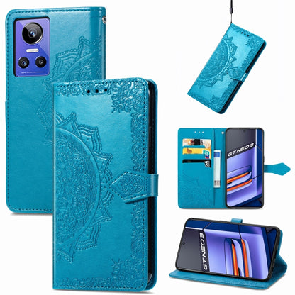 Blue embossed mandala flower leather phone case with flip cover and card holder