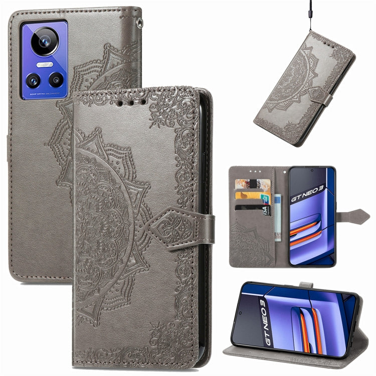 Gray embossed mandala flower leather phone case with flip cover and card holder