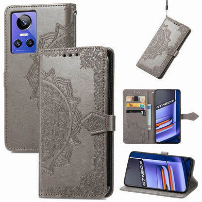 Gray embossed mandala flower leather phone case with flip cover and card holder
