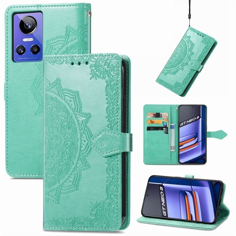 Green embossed mandala flower leather phone case with flip cover and card holder