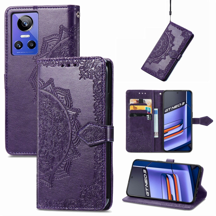 Purple embossed mandala flower leather phone case with flip cover and card holder