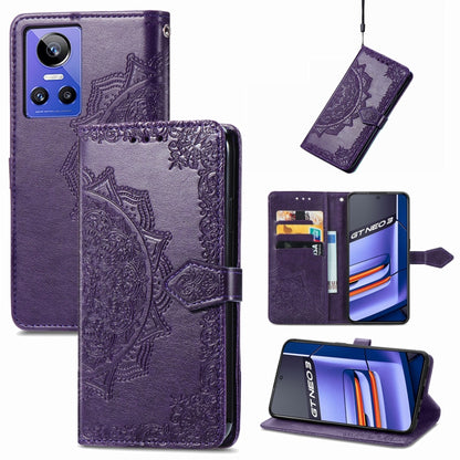Purple embossed mandala flower leather phone case with flip cover and card holder