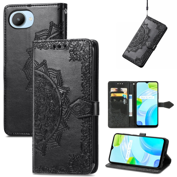 Black embossed mandala flower leather phone case with flip cover and card holder