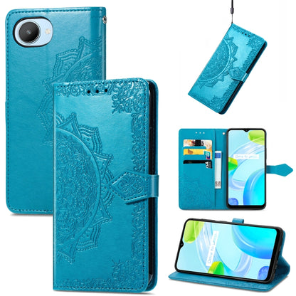 Blue embossed mandala flower leather phone case with flip cover and card holder