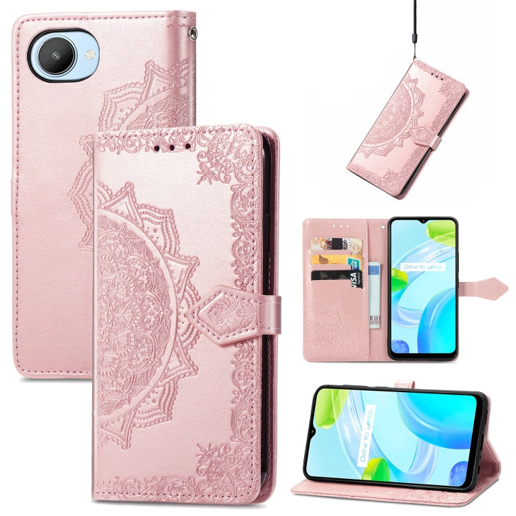Rose gold embossed mandala flower leather phone case with flip cover and card holder