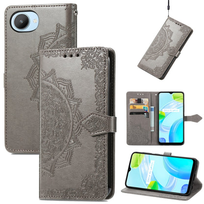 Gray embossed mandala flower leather phone case with flip cover and card holder