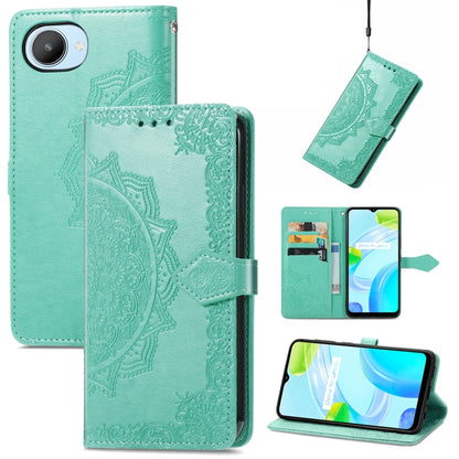 Teal embossed mandala leather-style wallet phone case with folio cover and hand strap