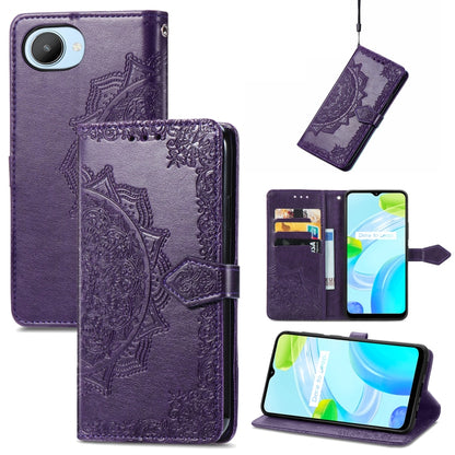 Purple embossed mandala flower leather phone case with flip cover and card holder