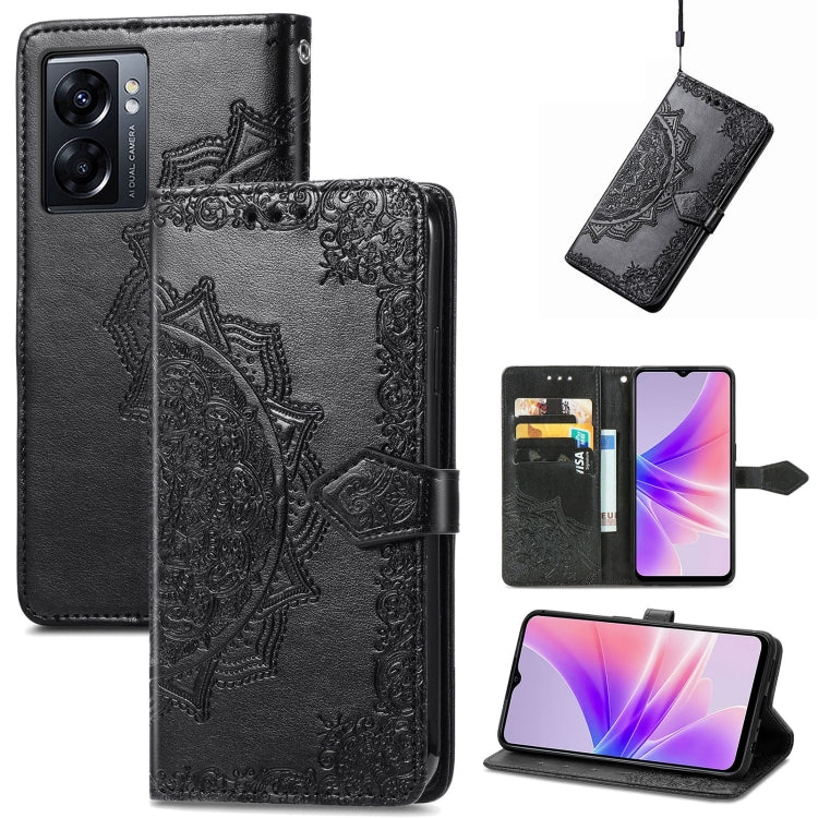 Black embossed leather folio phone case with mandala design, card slots, and stand