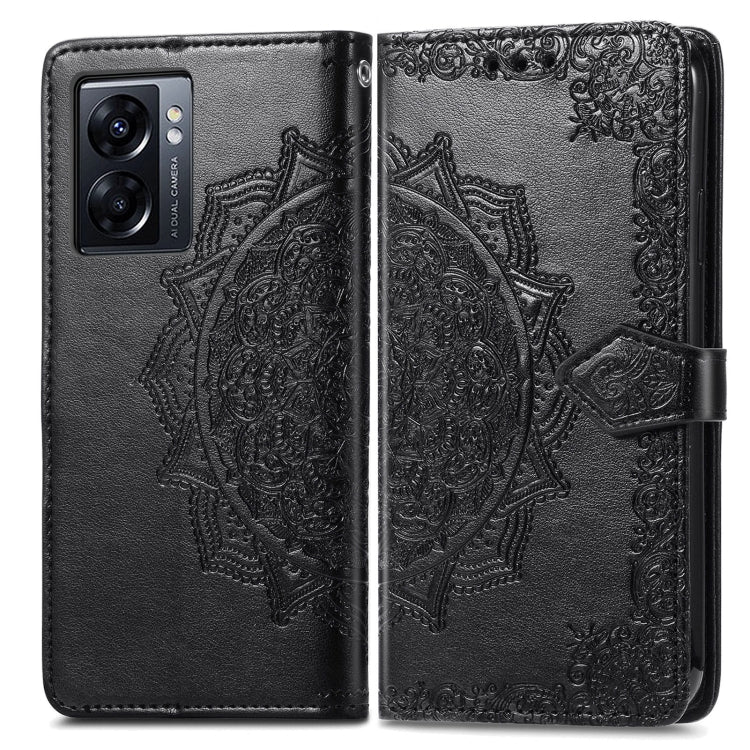 Black embossed leather folio phone case with mandala pattern and flip cover strap