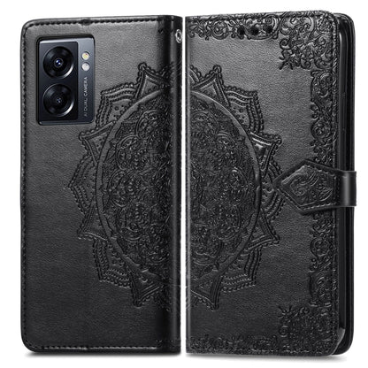 Black embossed leather folio phone case with mandala pattern and flip cover strap