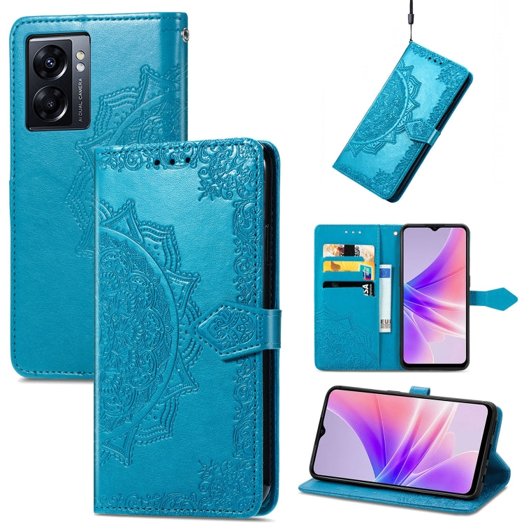 Blue embossed leather folio phone case with mandala embossing, card slots, and strap